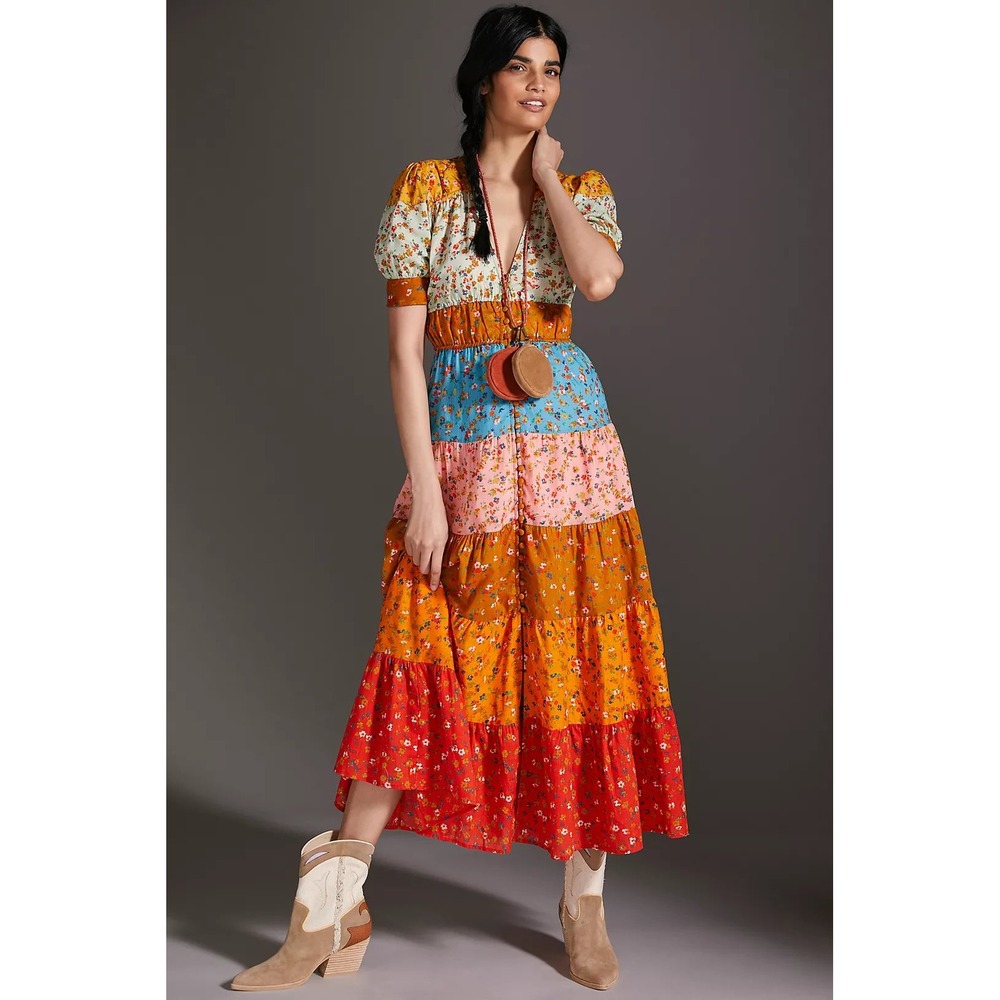 ANTHROPOLOGIE Maxi Dress Women's Medium Patchwork Floral Tiered Boho Skirt